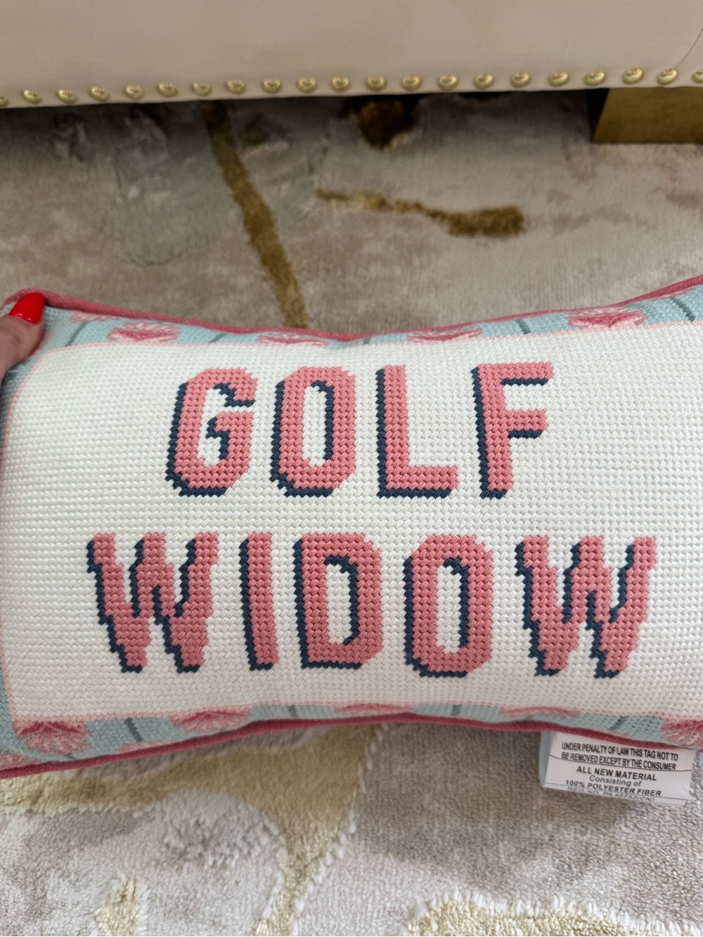 Rachel Zoe Pink and Light Blue 'Golf Widow' Needlepoint Accent Pillow - Picture 2 of 5